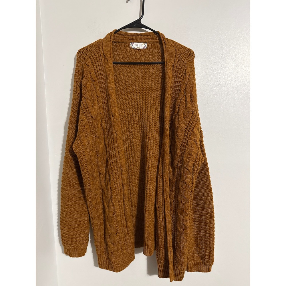 Pink Rose Mustard Yellow Cable Knit Open Front Cardigan Sweater Large